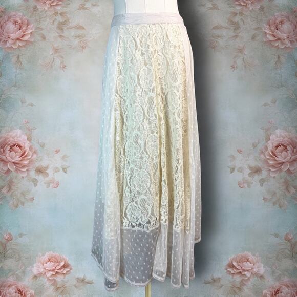 Flying Tomato Cream Floral & Polka Dot Lace Vintage Style Flowy Midi Skirt - Picture 1 of 4
